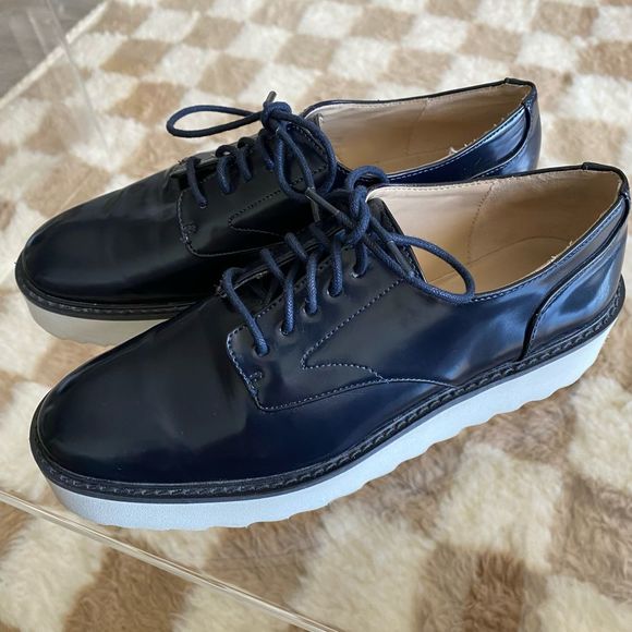 Zara Patent Platform Loafers Navy Blue Size 6 36